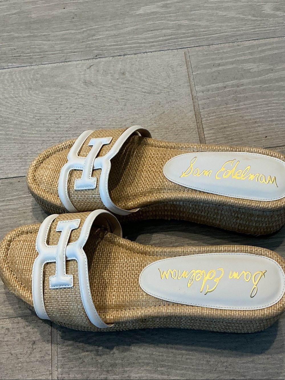 Sam Edelman Pauleena Tan and White Raffia Espadrilles Slide Mules Women’s Sz 9M - Picture 2 of 7